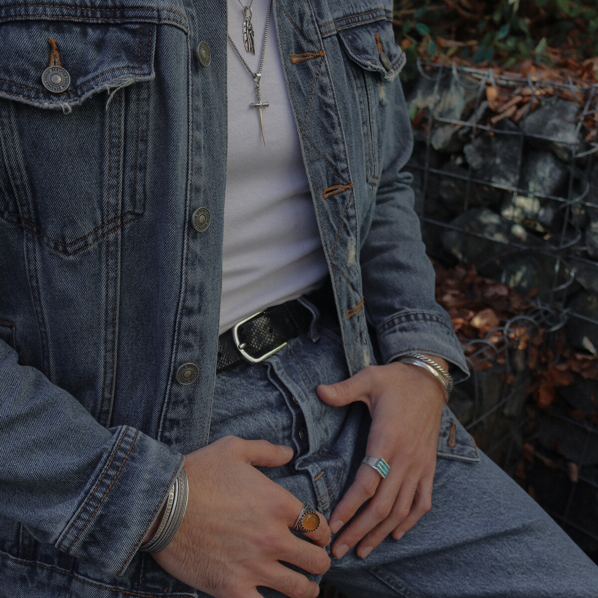 Three turquoise lines man Rings Harmony N.3