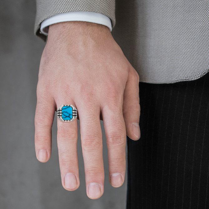 Bague rectangle rétro turquoise homme Bagues Harmony N.3