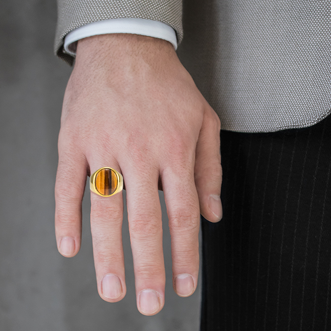 Oval gold plated tiger eye ring unisex Rings High polished N.3