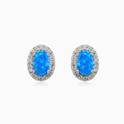 Royal oval blue opal studs woman Earrings Halo