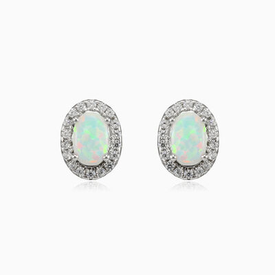 Royal oval white opal studs woman Earrings Halo