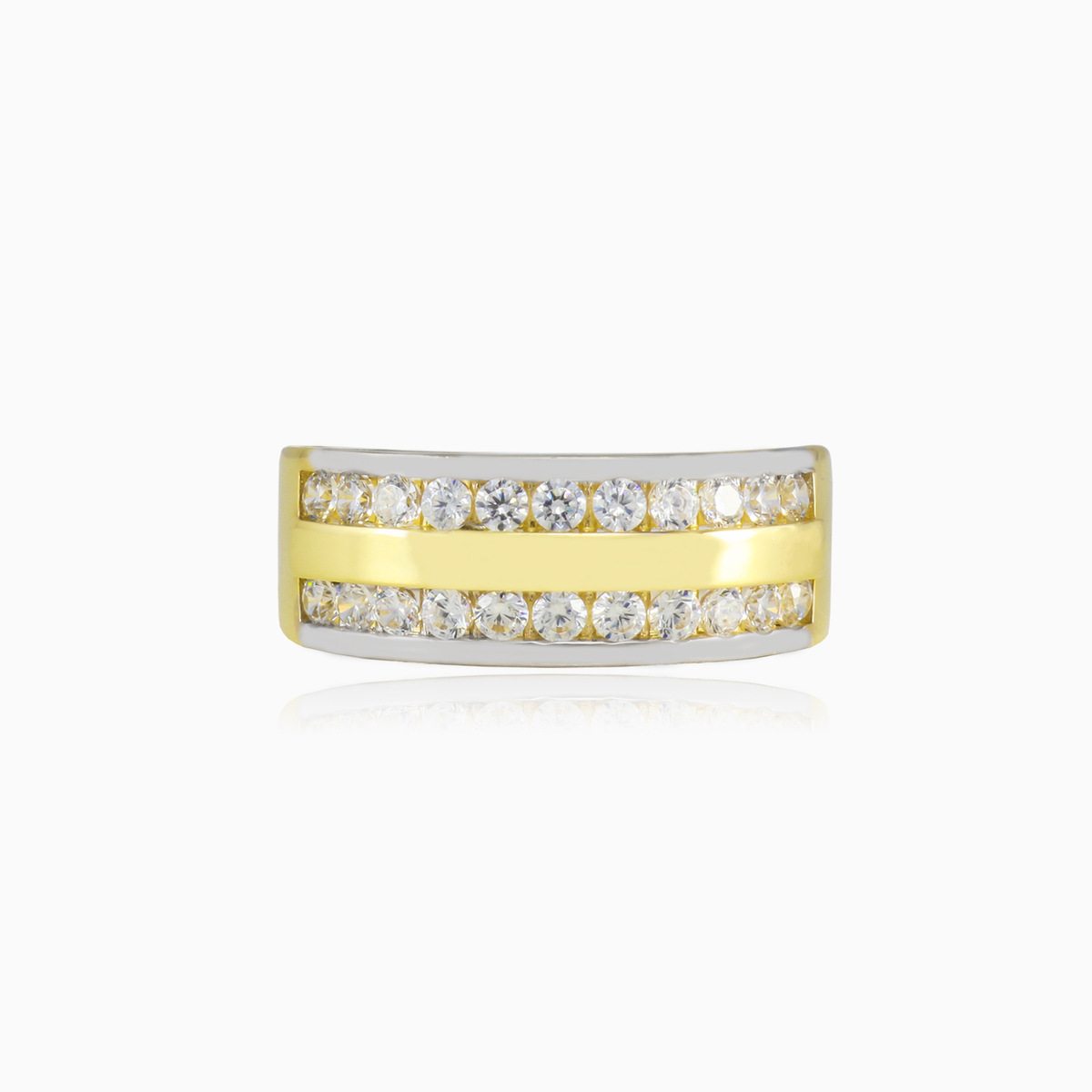 Double crystal broad gold band unisex Wedding rings Lustrous N.1
