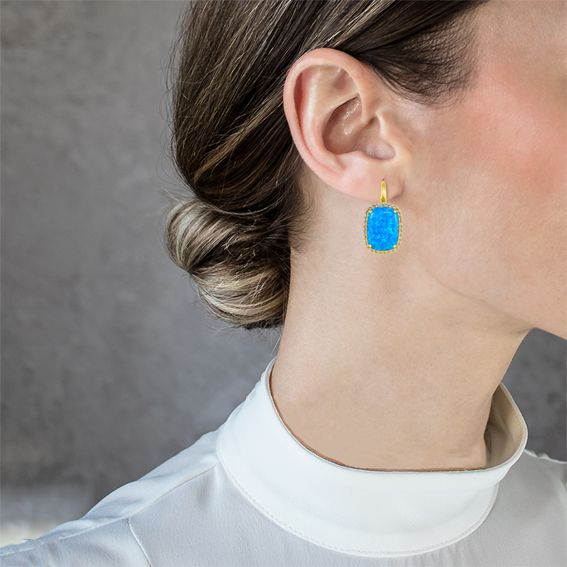 Massive cabochon blue opal gold earrings Женские Серьги Royal N.3