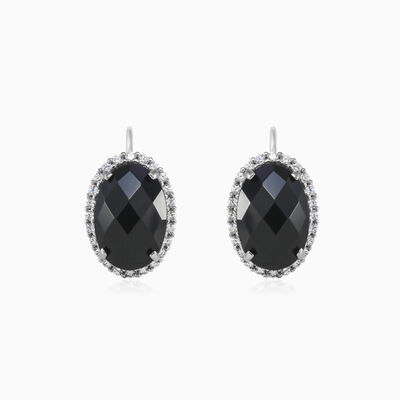 Pendientes de oro blanco halo ovalado de ónix  mujer Pendientes Royal