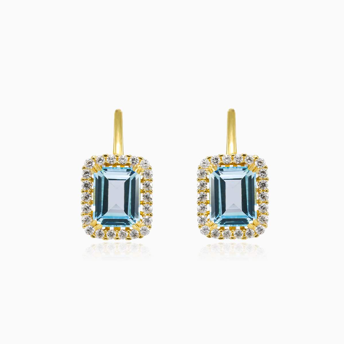 Pendientes de oro halo de topacio azul talla esmeralda mujer Pendientes Royal N.1